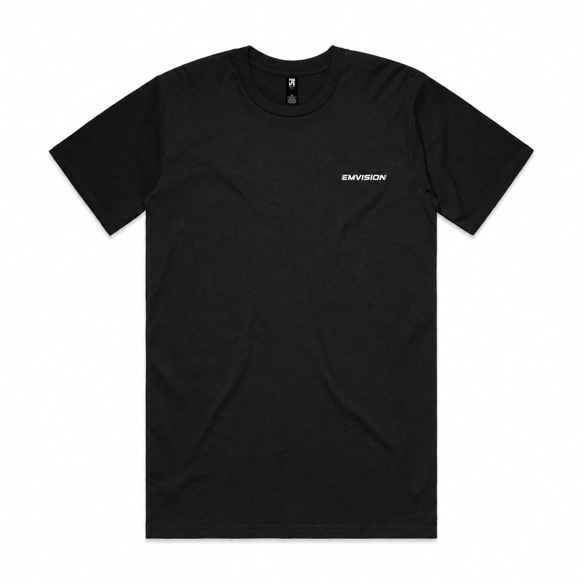 Emvision Classic Tee 5026 — black with white embroidered wordmark, mockup