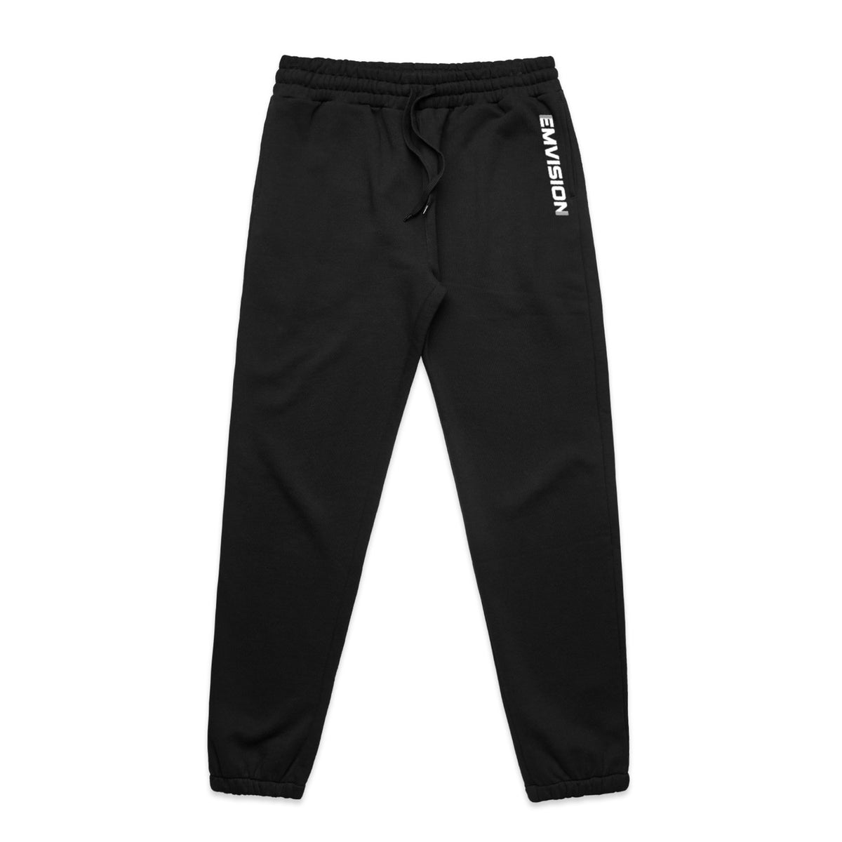 Emvision Stencil Track Pants 5921 — black with vertical white wordmark