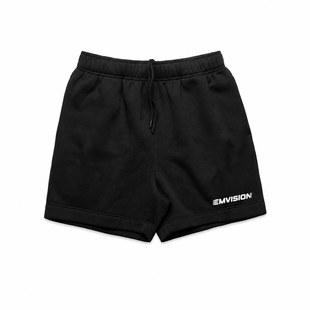 Emvision shorts 5933 — black with white wordmark, mockup