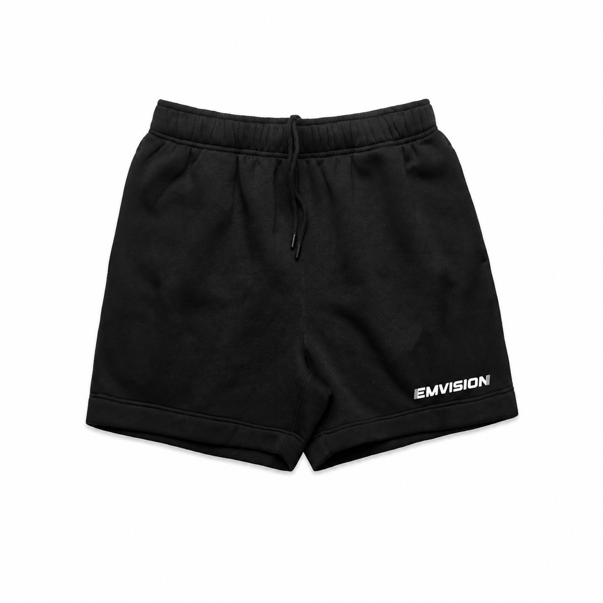 Emvision shorts 5933 — black with white wordmark, mockup